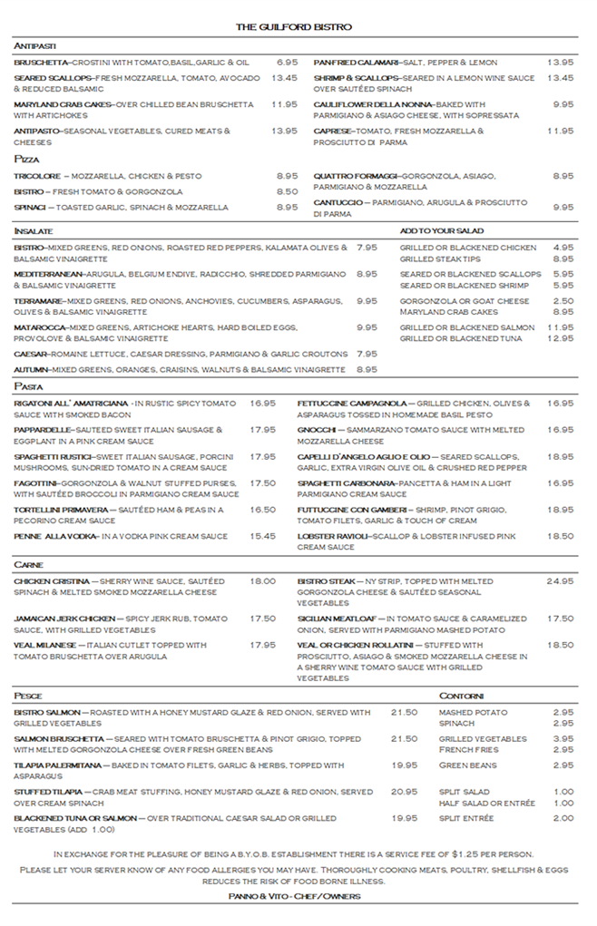 Menu The Guilford Bistro