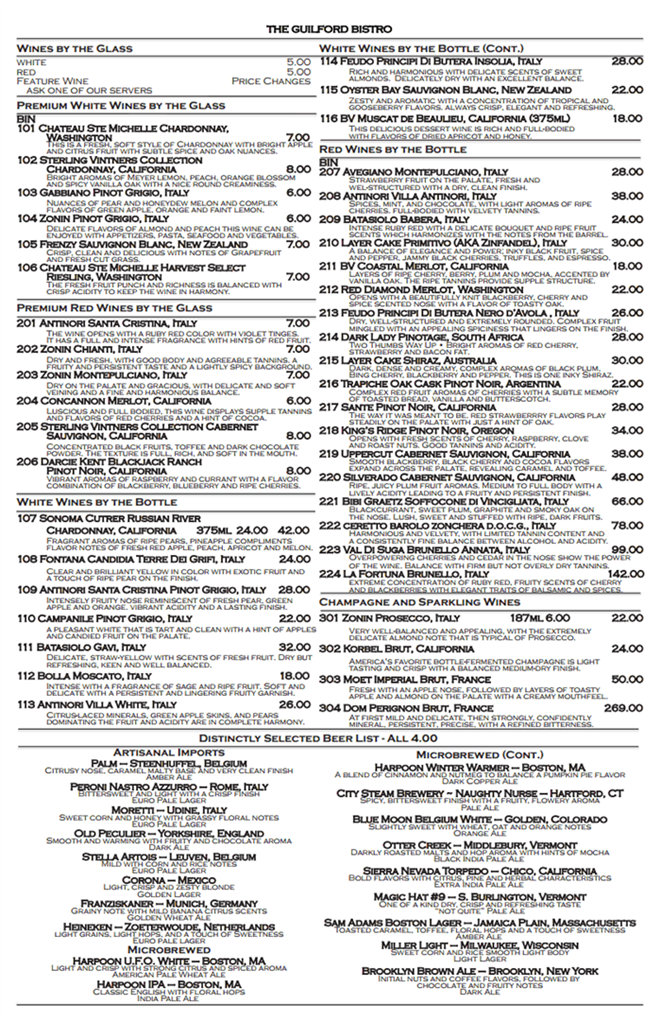 Menu The Guilford Bistro